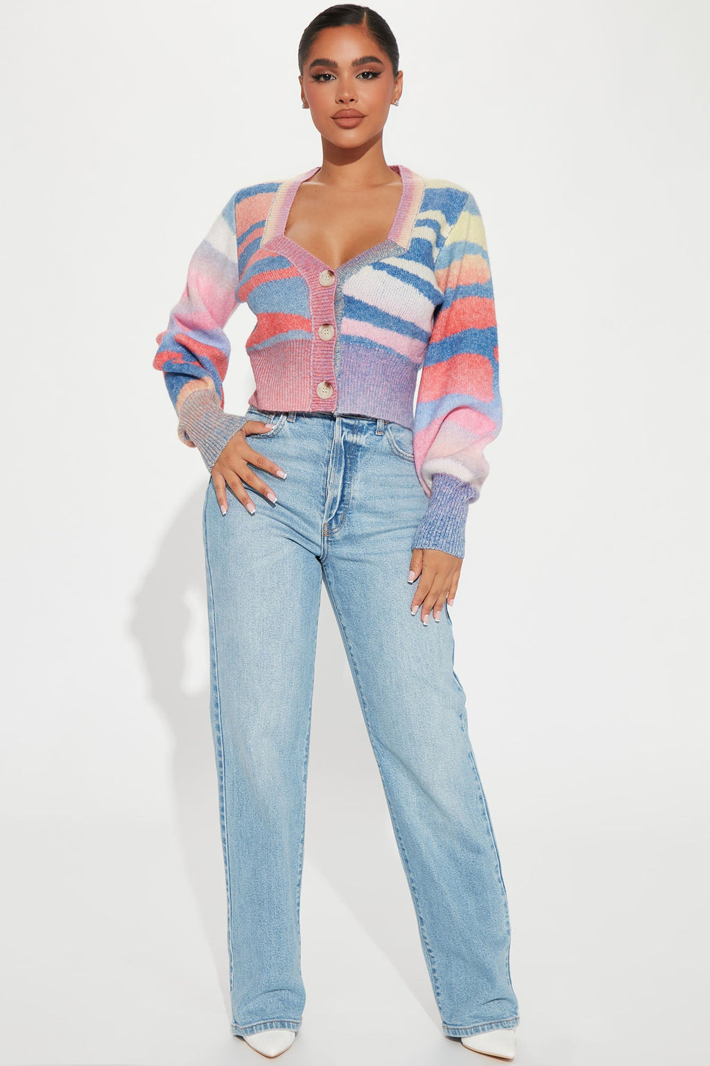 Lunar Abstract Striped Cropped Cardigan - Purple/combo