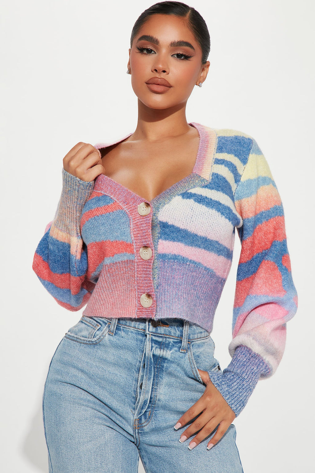 Lunar Abstract Striped Cropped Cardigan - Purple/combo