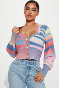 Lunar Abstract Striped Cropped Cardigan - Purple/combo