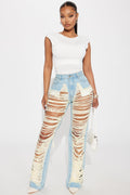 Living Luxurious Shredded Straight Leg Jeans - Light Wash