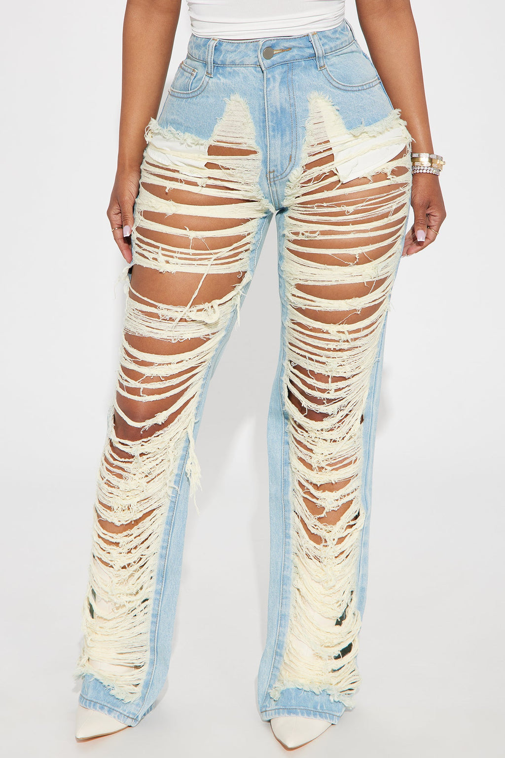 Living Luxurious Shredded Straight Leg Jeans - Light Wash