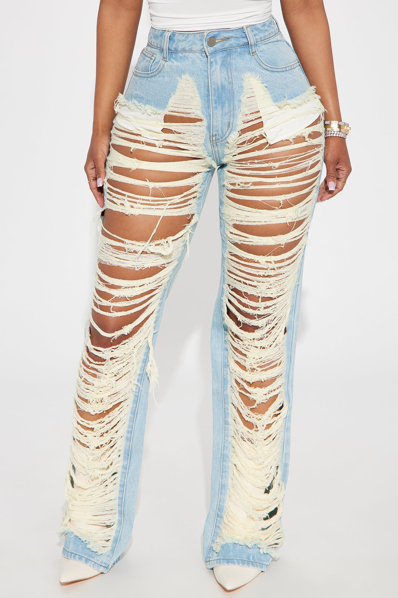 Living Luxurious Shredded Straight Leg Jeans - Light Wash