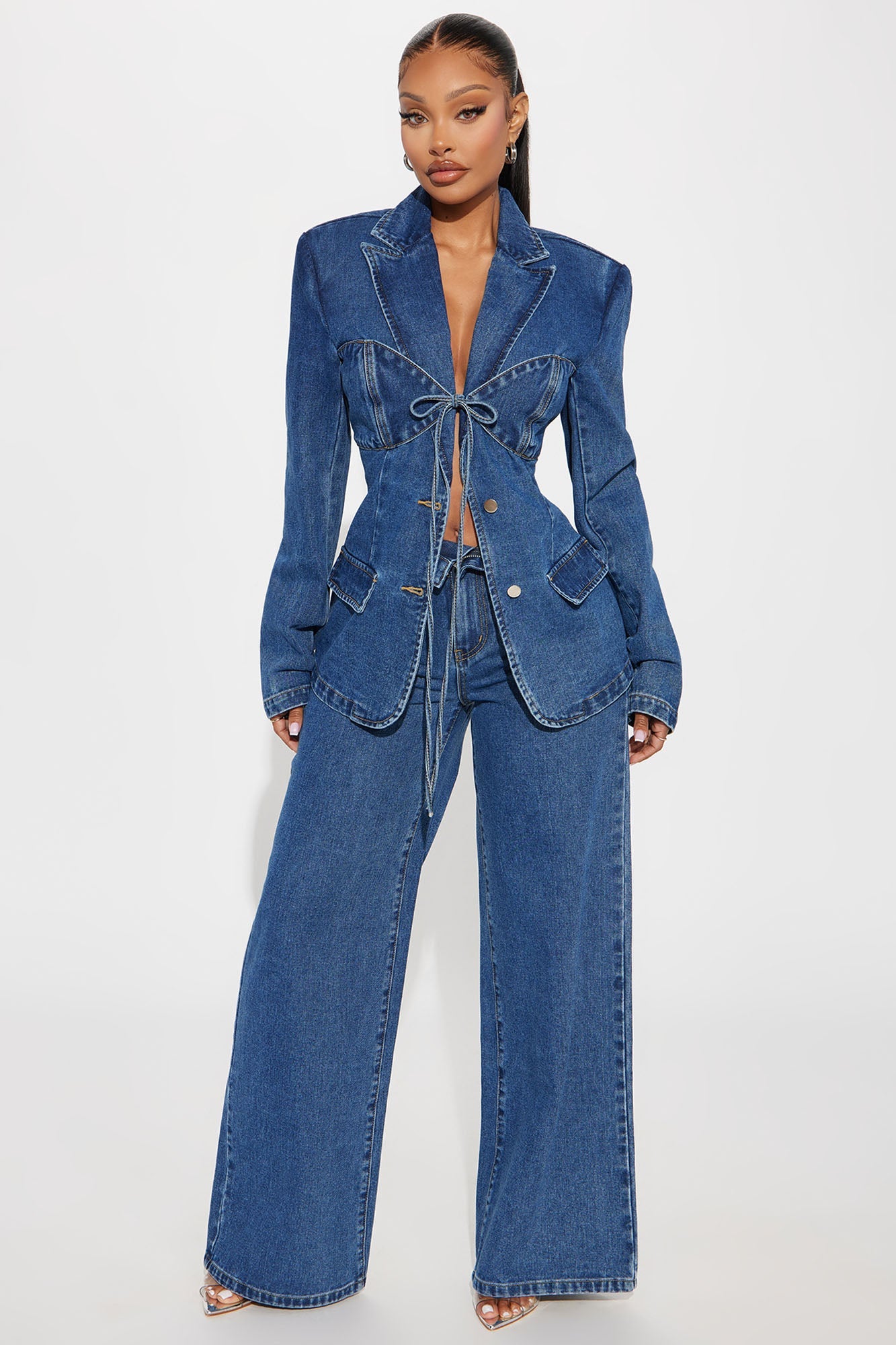 So Inspired Tie Front Denim Blazer Jacket - Medium Wash