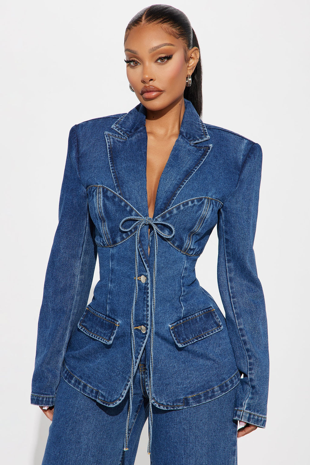 So Inspired Tie Front Denim Blazer Jacket - Medium Wash
