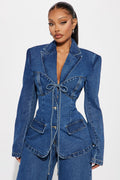 So Inspired Tie Front Denim Blazer Jacket - Medium Wash