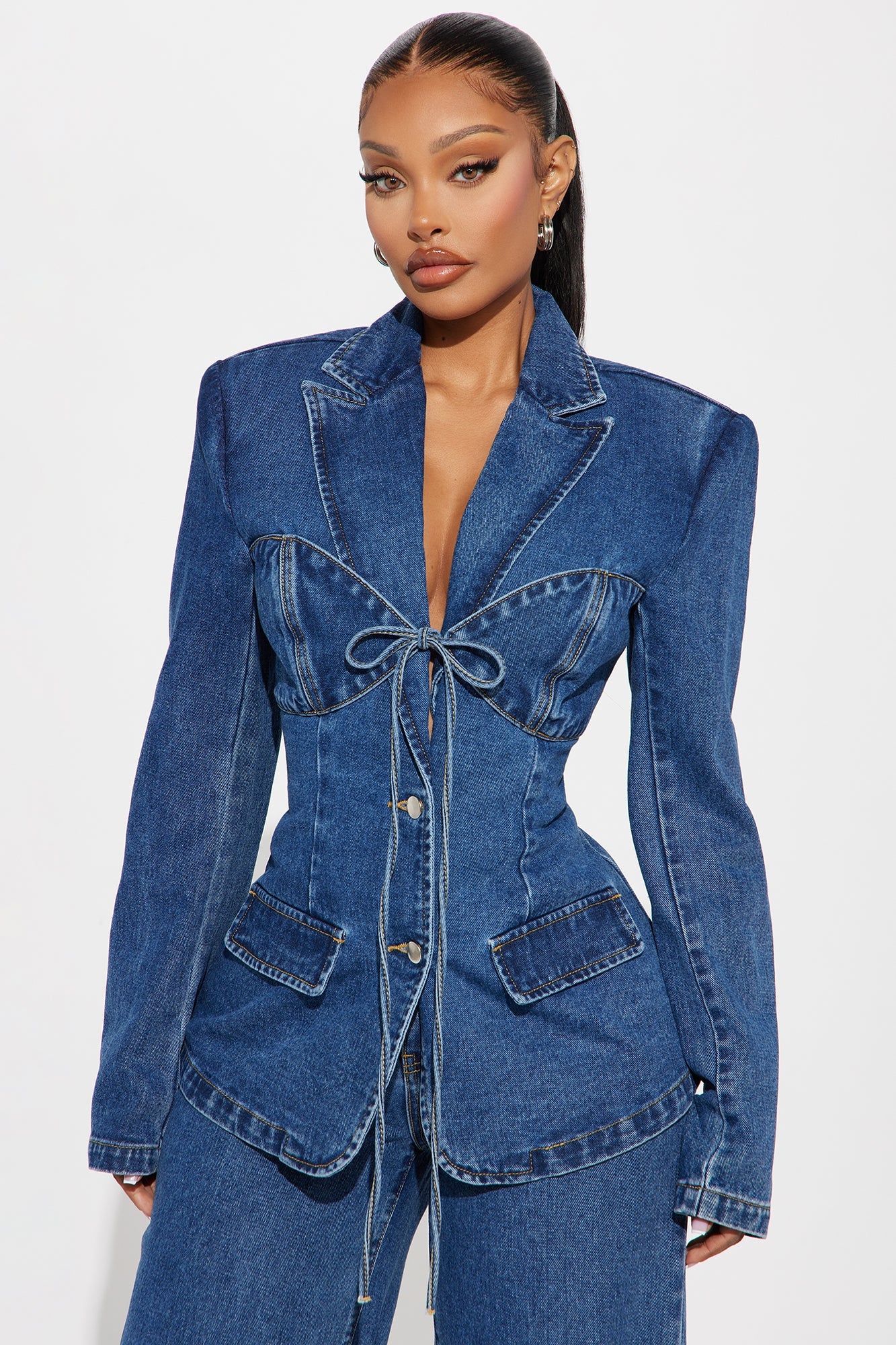 So Inspired Tie Front Denim Blazer Jacket - Medium Wash