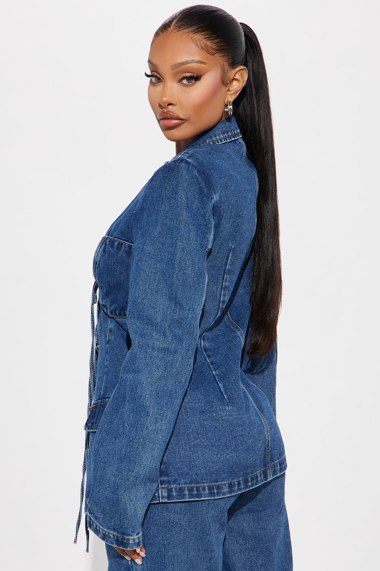 So Inspired Tie Front Denim Blazer Jacket - Medium Wash