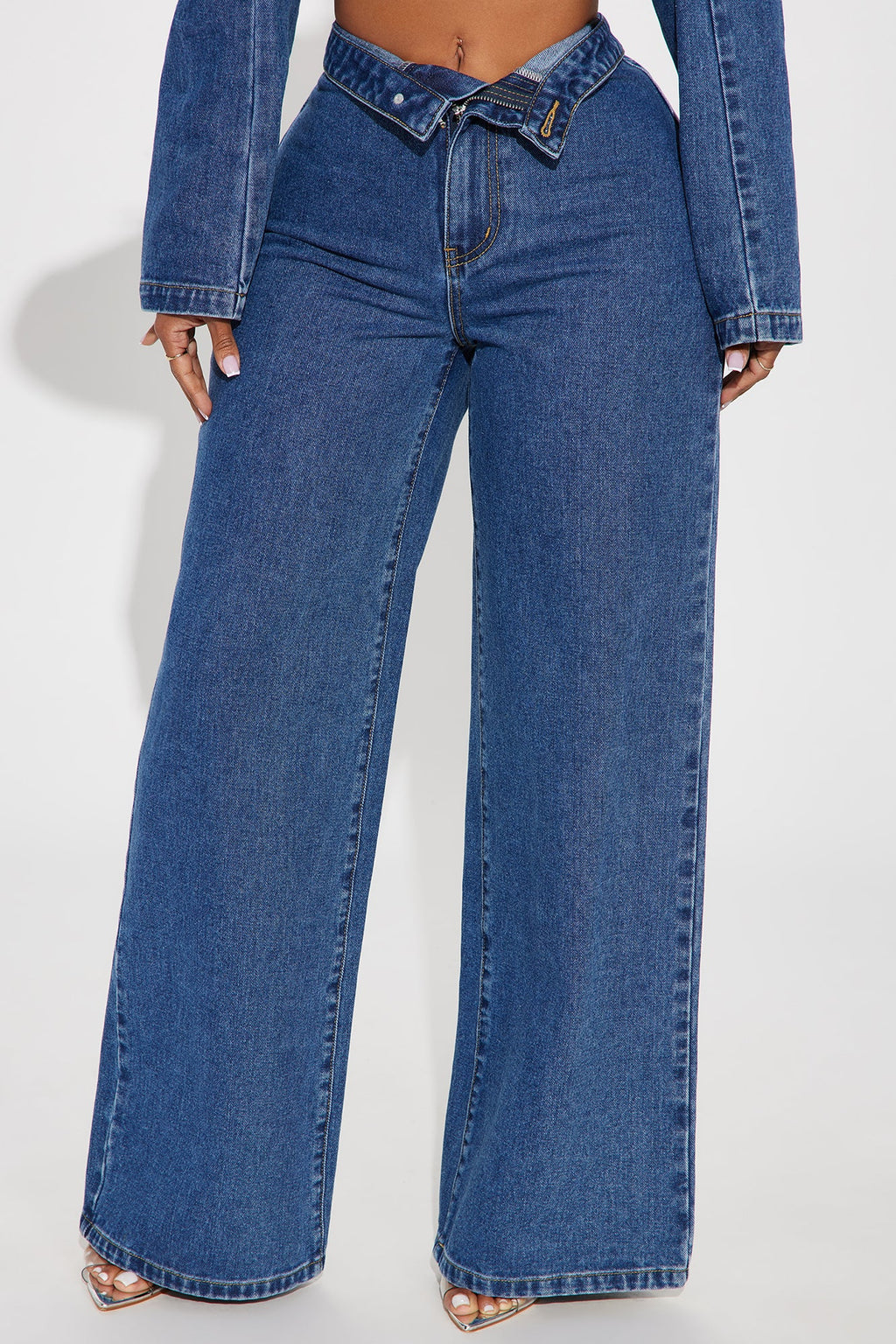 So Inspired Foldover Waistband Trouser Jeans - Medium Wash