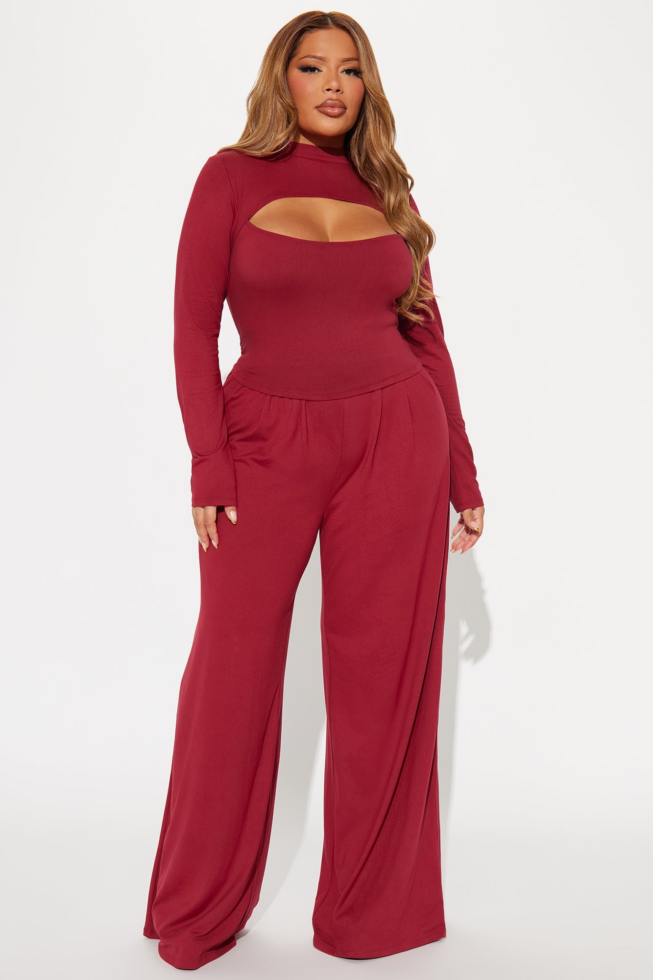 Choosing You Wide Leg Pant Set - Burgundy