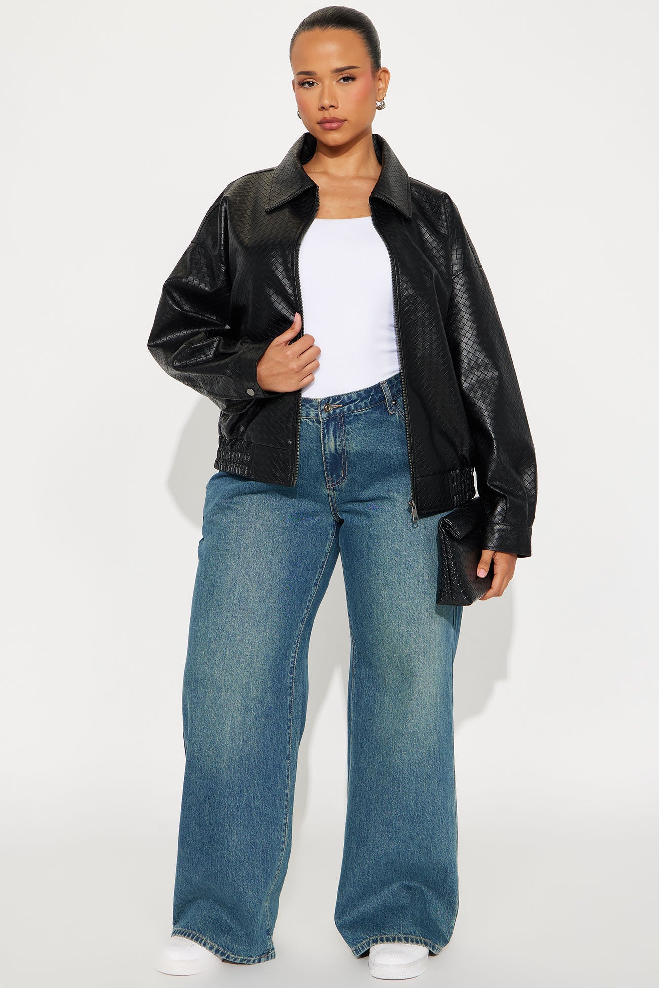 Lea Woven Faux Leather Bomber Jacket - Black