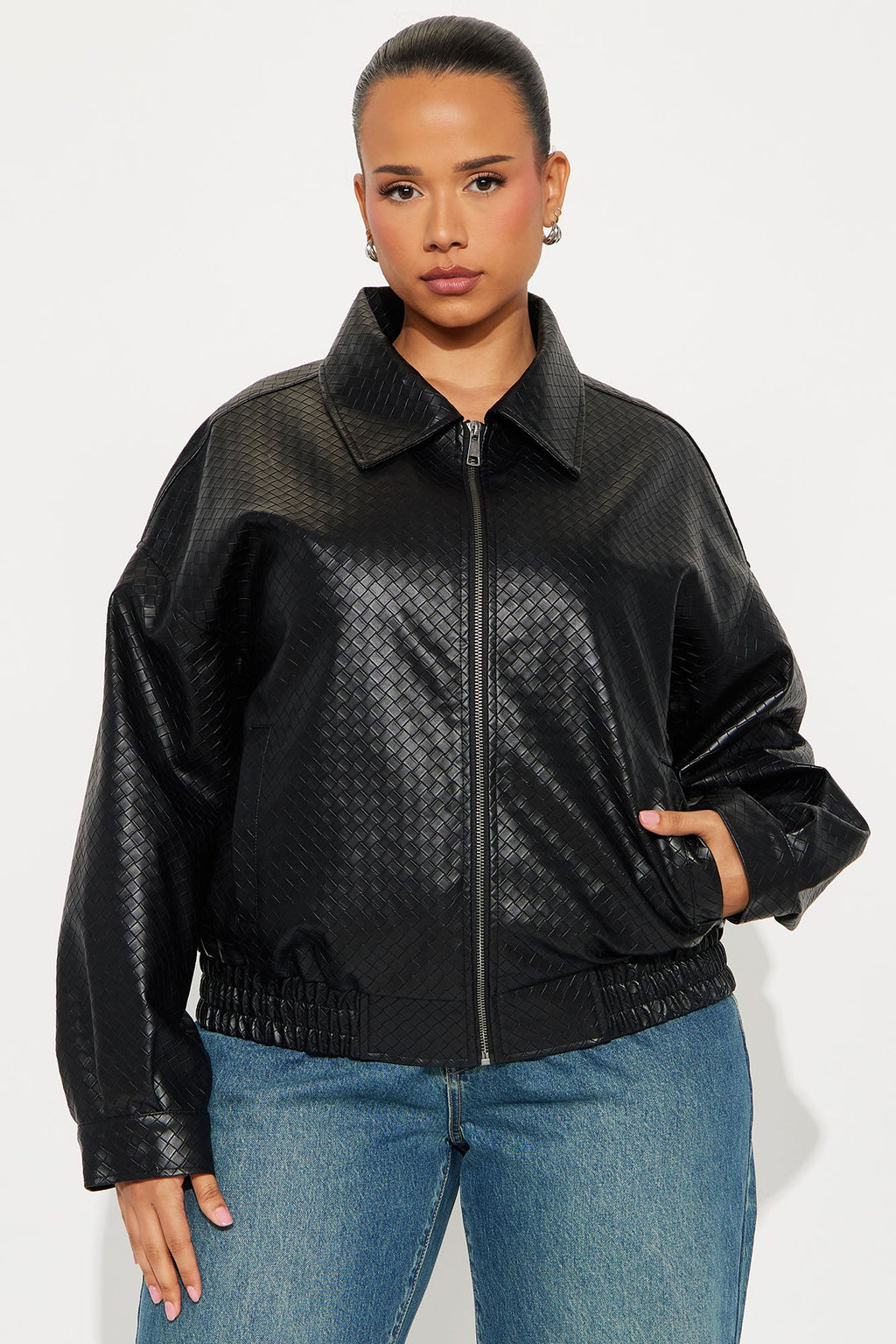 Lea Woven Faux Leather Bomber Jacket - Black