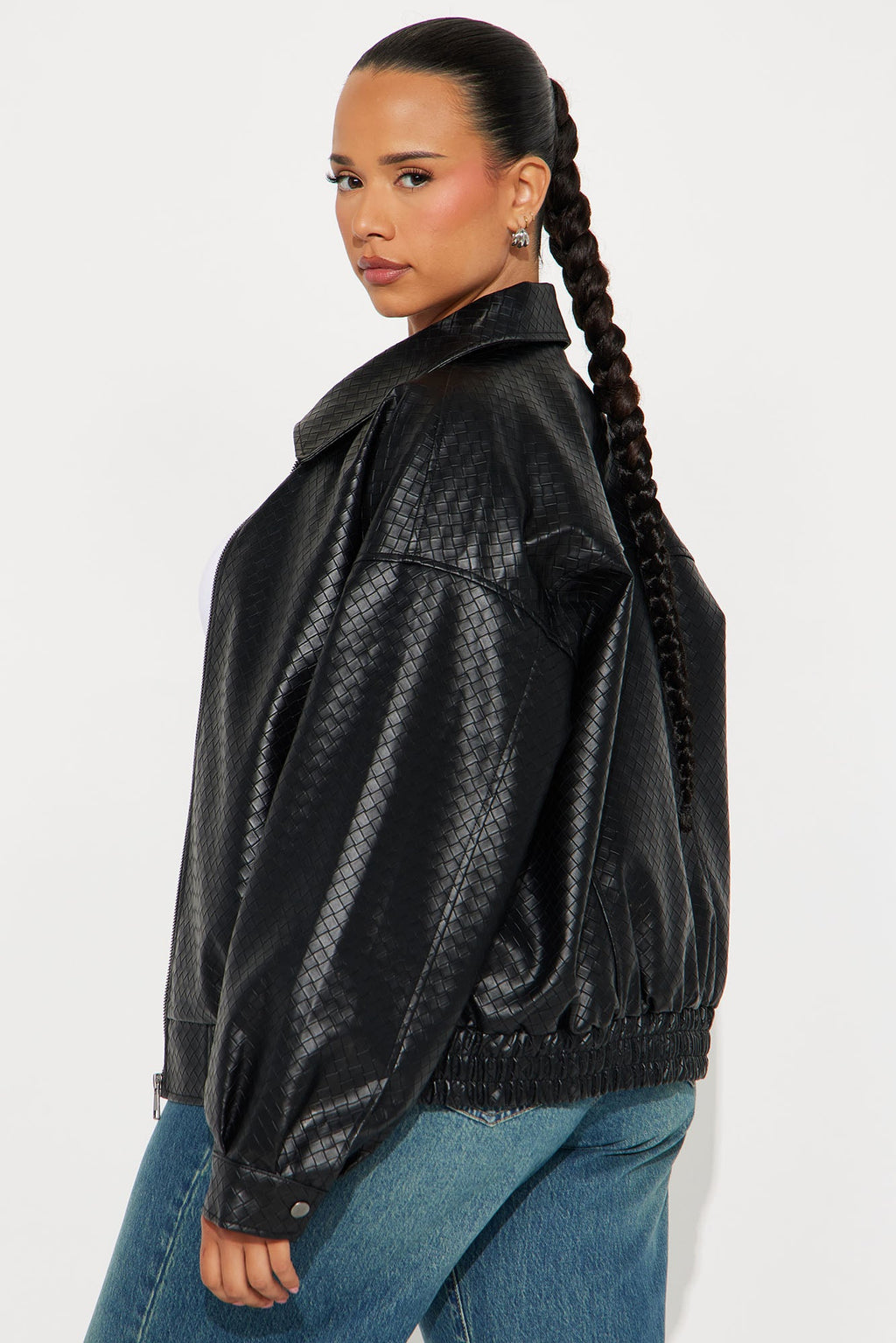 Lea Woven Faux Leather Bomber Jacket - Black