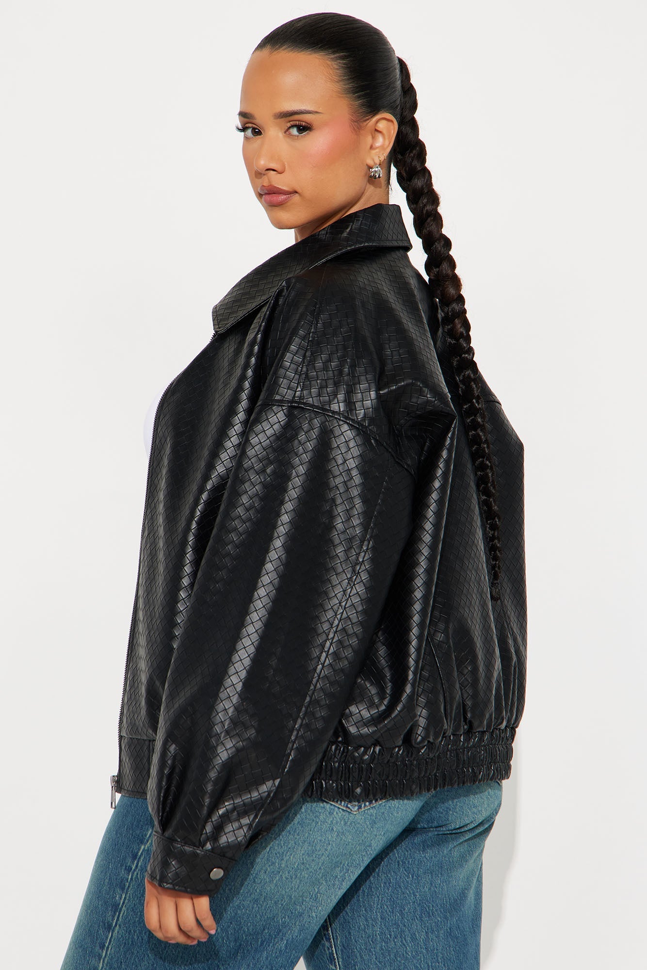 Lea Woven Faux Leather Bomber Jacket - Black