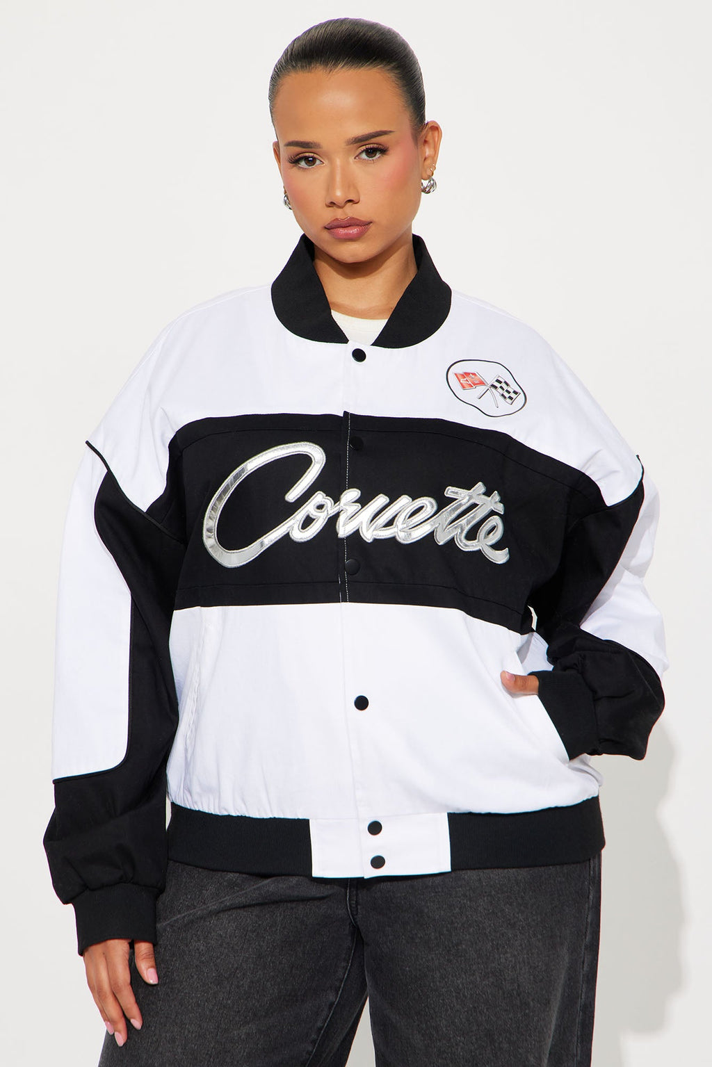Show Off Corvette Bomber Jacket - Black/White