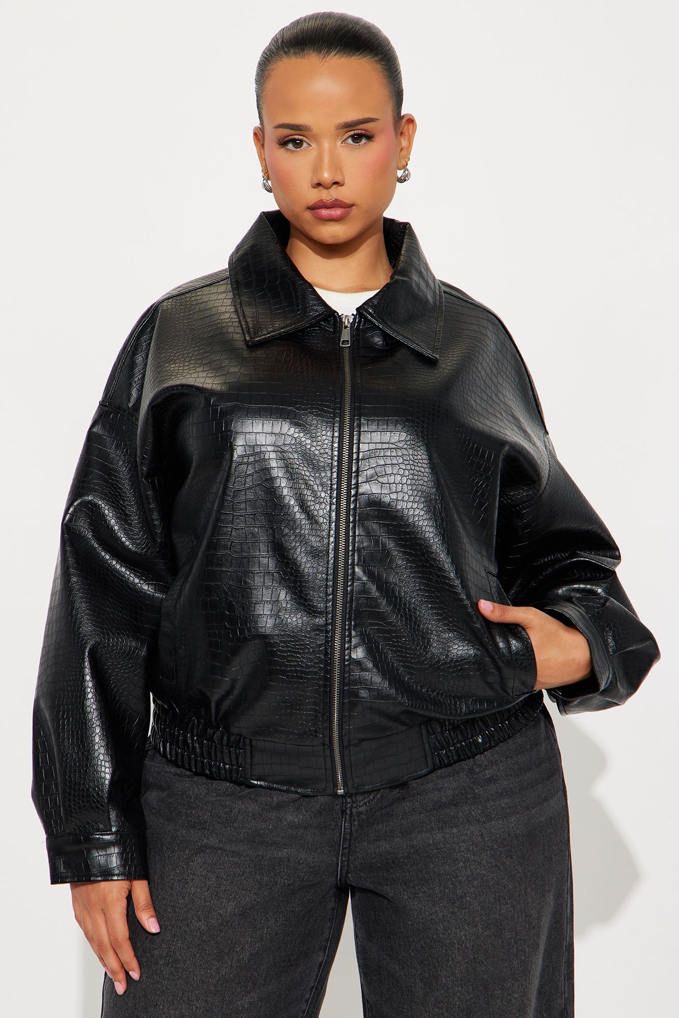 Lola Croc Faux Leather Bomber Jacket - Black