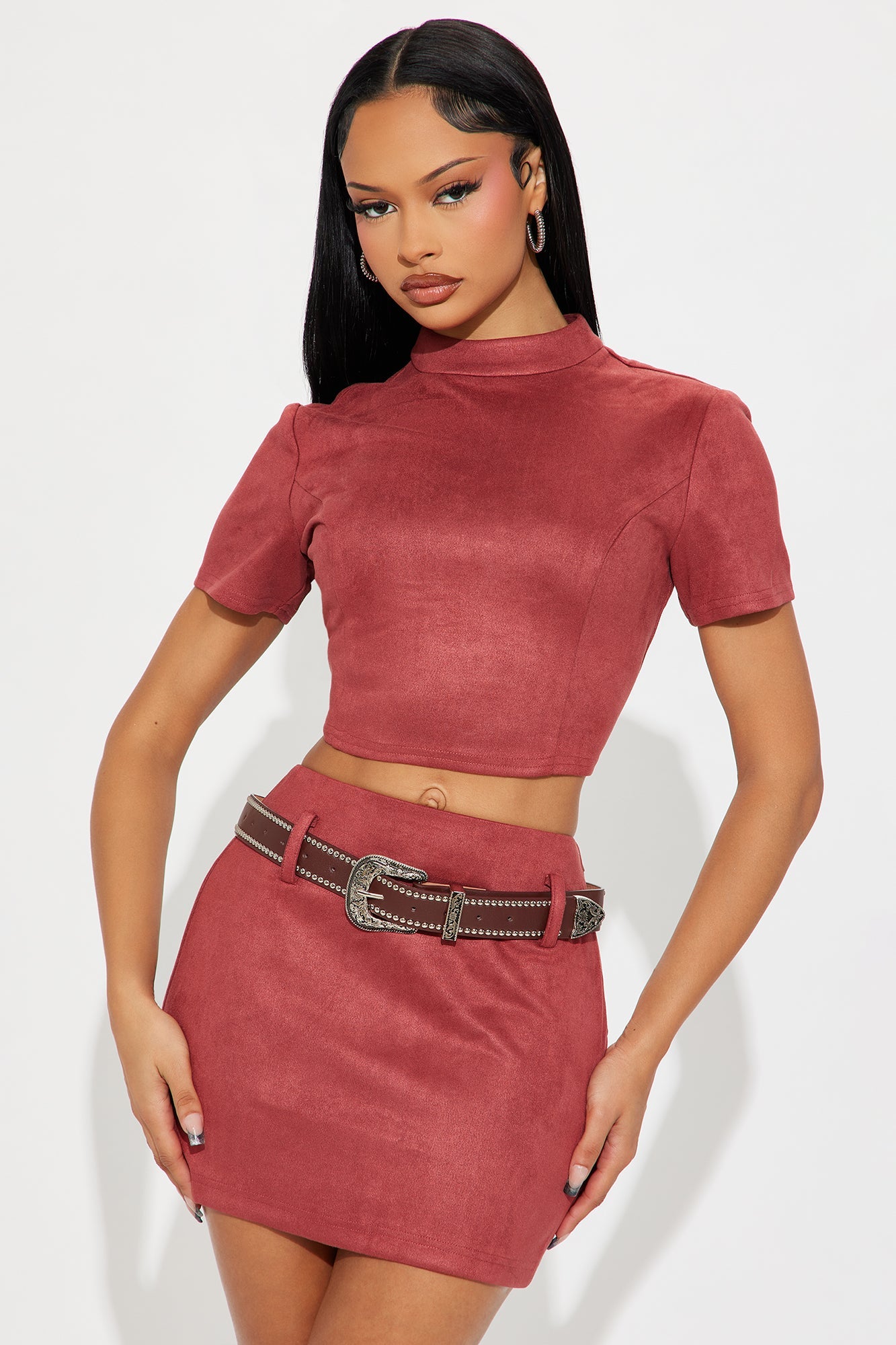 Reina Faux Suede Belted Mini Skirt Set - Brick Red