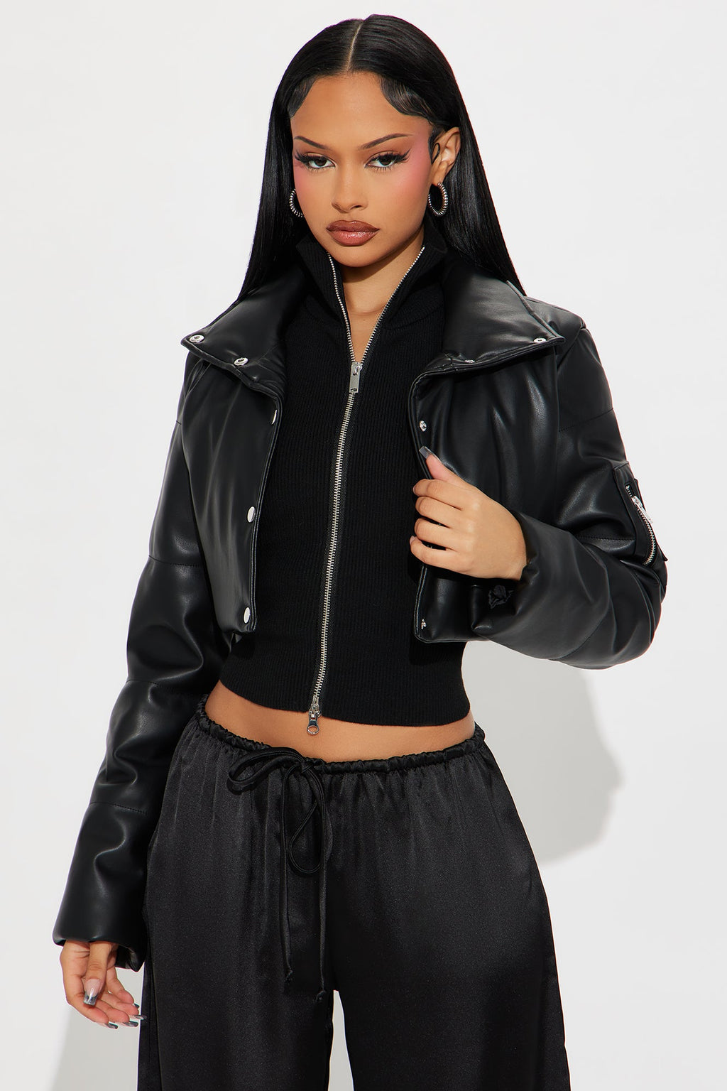 Demi Faux Leather Puffer Jacket - Black