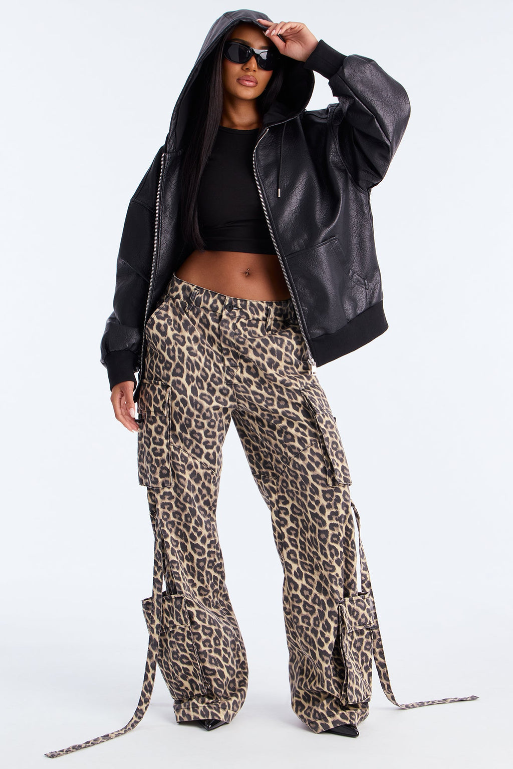 Alix Faux Leather Oversized Bomber Jacket - Black