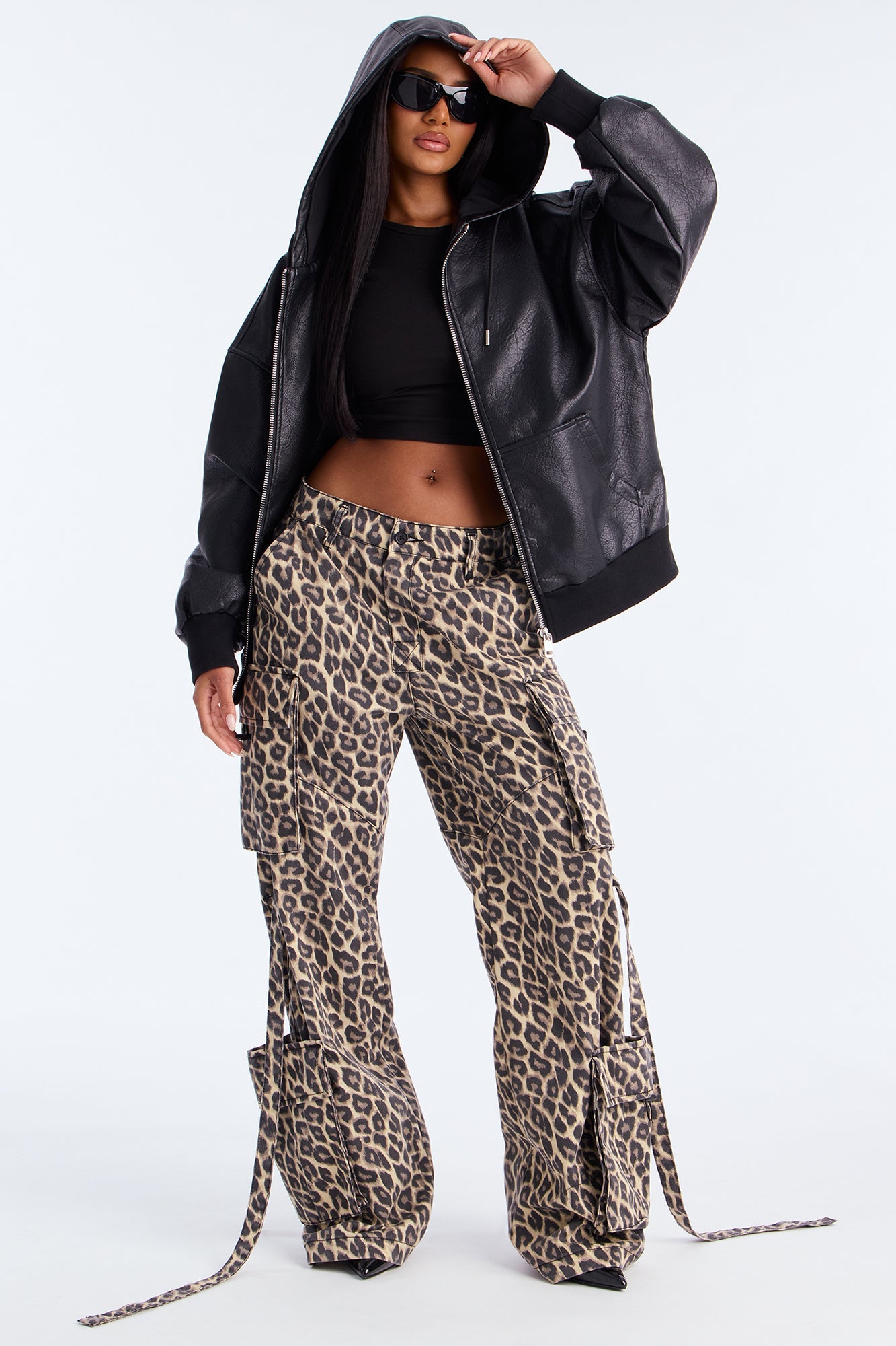 Alix Faux Leather Oversized Bomber Jacket - Black