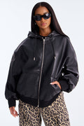 Alix Faux Leather Oversized Bomber Jacket - Black