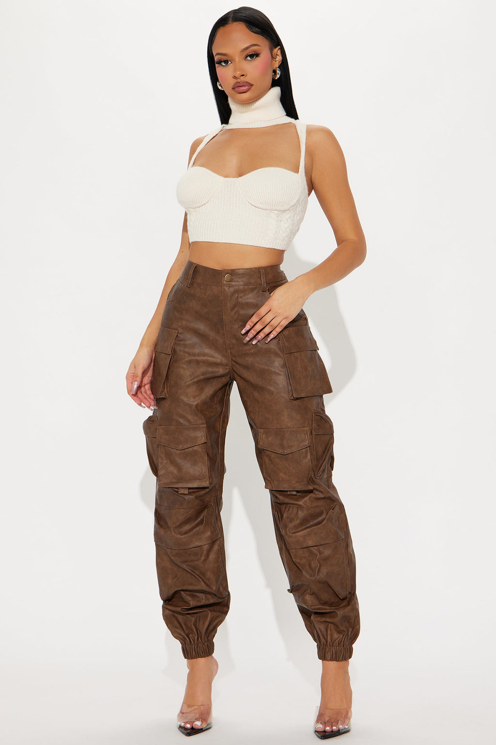 Weekend Warrior Washed Faux Leather Cargo Jogger - Brown