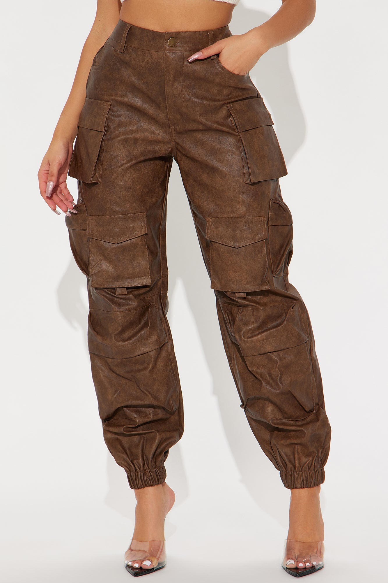 Weekend Warrior Washed Faux Leather Cargo Jogger - Brown