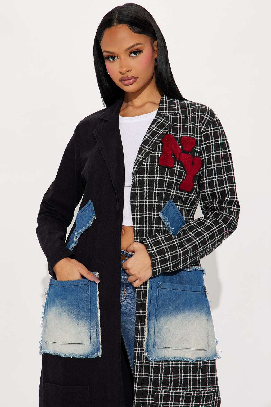 Patched Up In New York Long Blazer - Black/combo