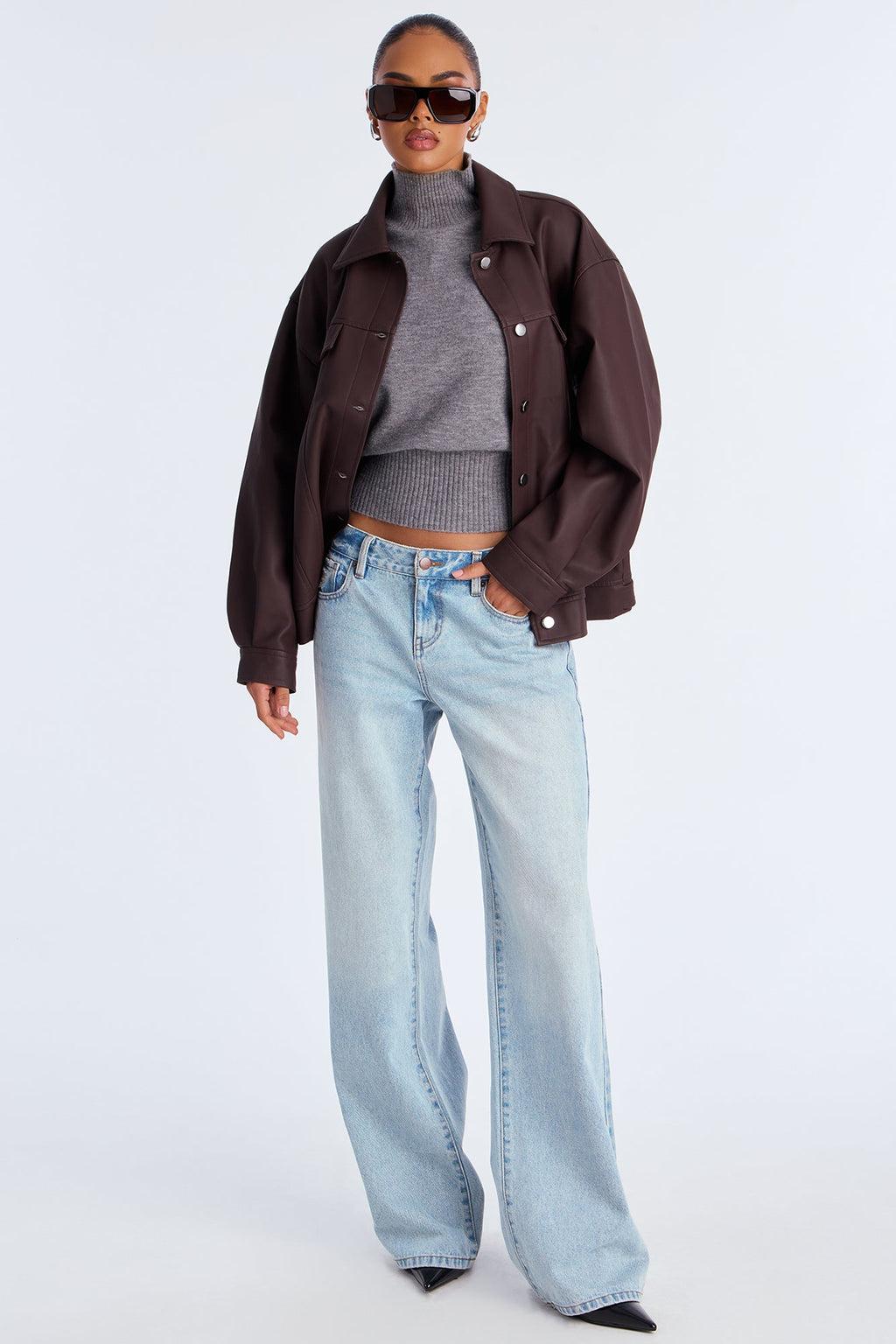 Mila Oversized Faux Leather Jacket - Dark Brown