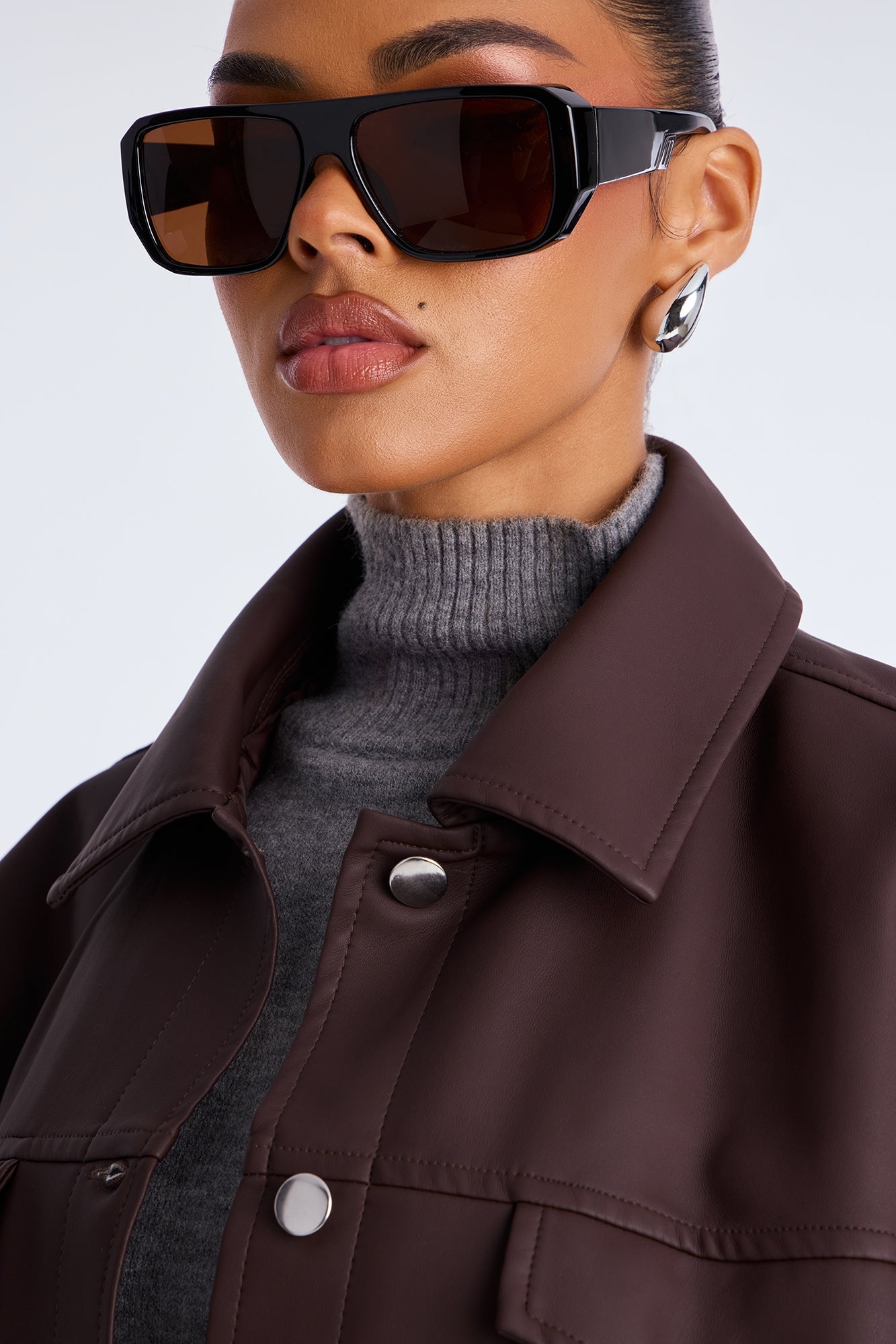 Mila Oversized Faux Leather Jacket - Dark Brown