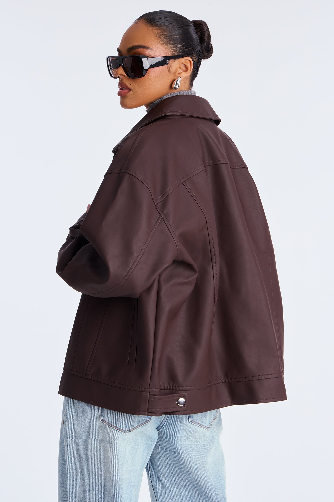 Mila Oversized Faux Leather Jacket - Dark Brown