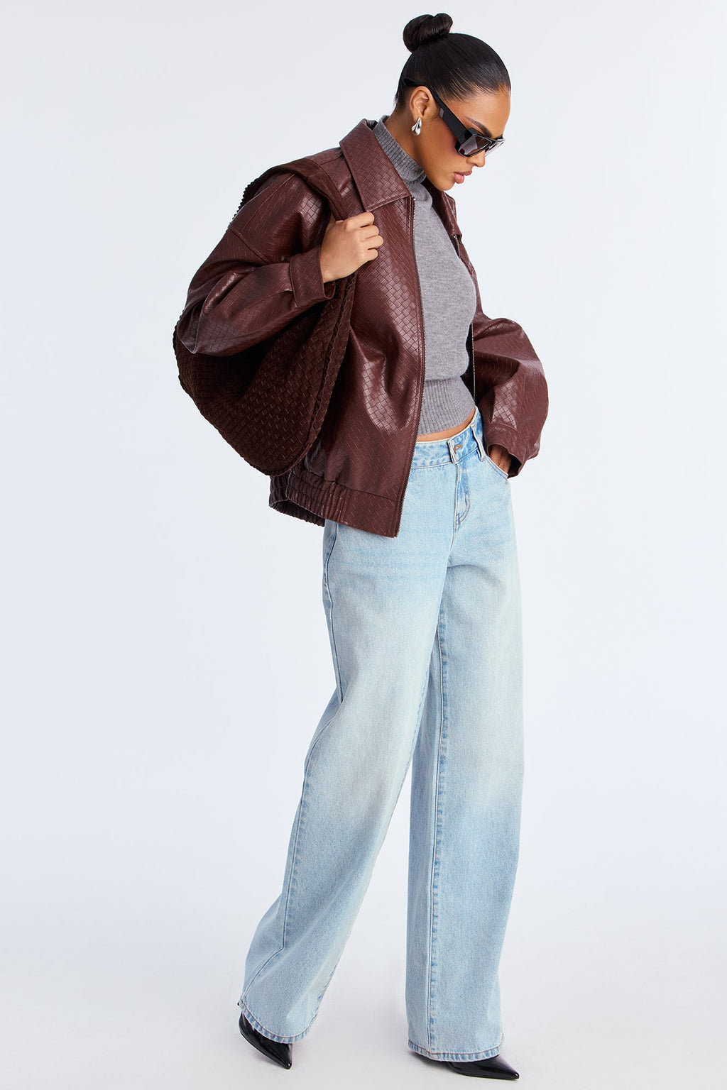 Lea Woven Faux Leather Bomber Jacket - Chocolate