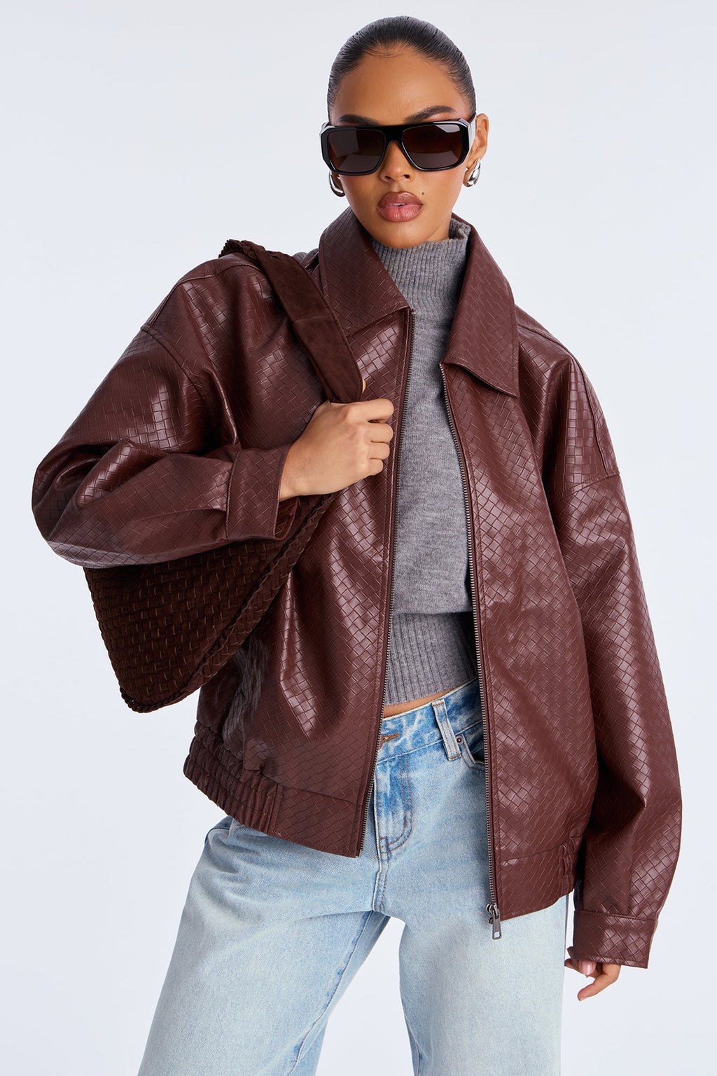 Lea Woven Faux Leather Bomber Jacket - Chocolate