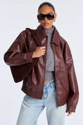 Lea Woven Faux Leather Bomber Jacket - Chocolate