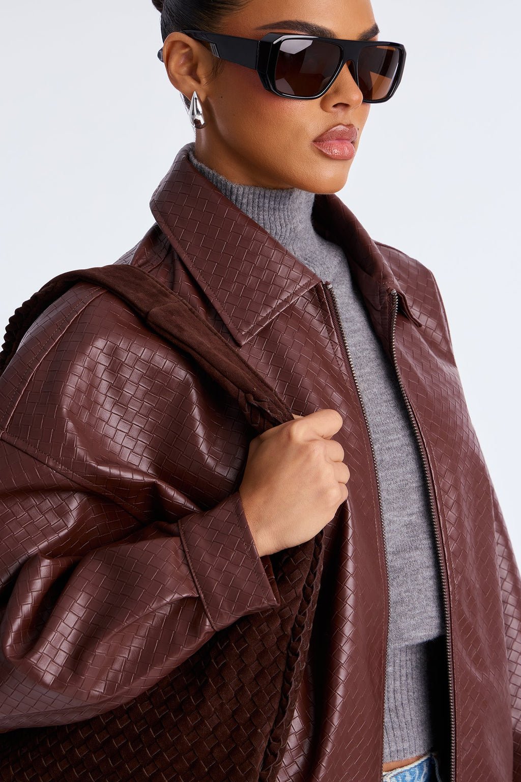 Lea Woven Faux Leather Bomber Jacket - Chocolate