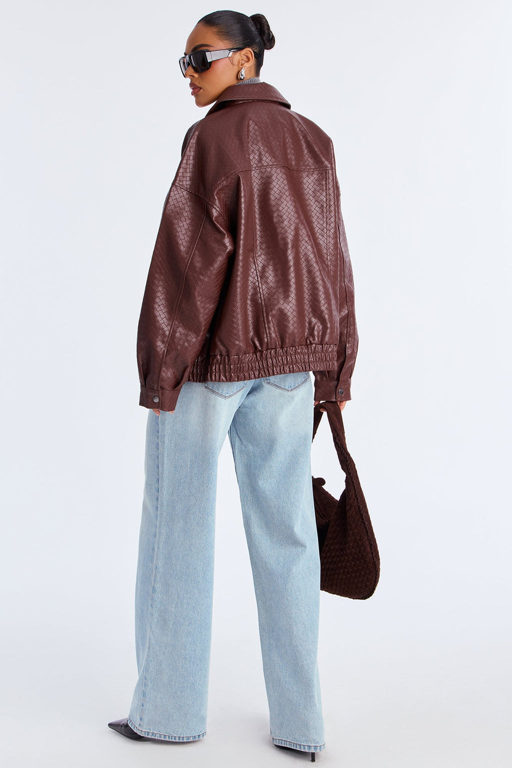 Lea Woven Faux Leather Bomber Jacket - Chocolate