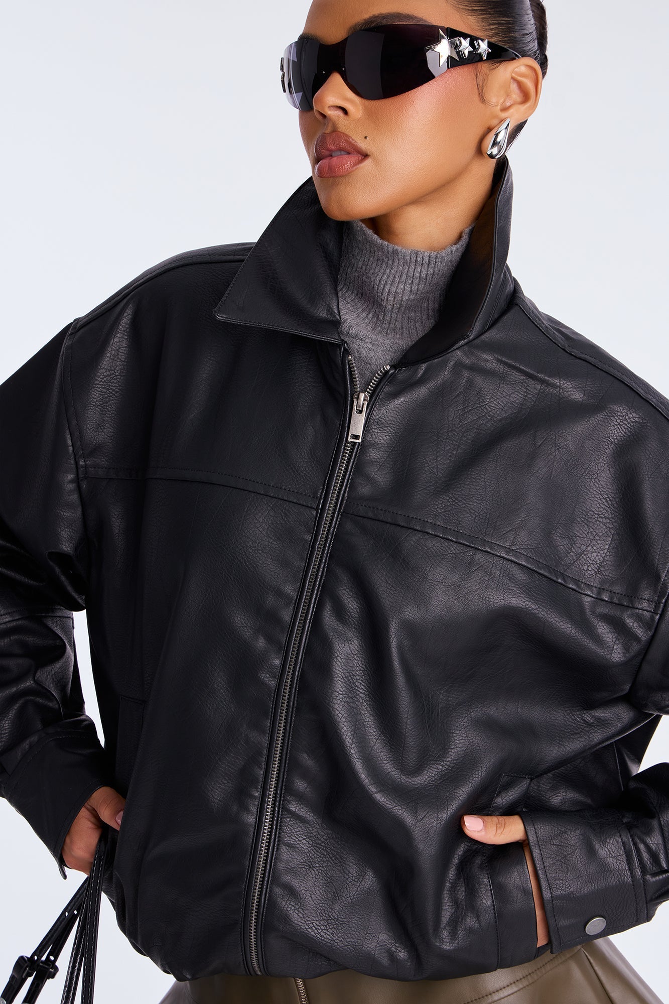 Downtowner Faux Leather Bomber Jacket - Black