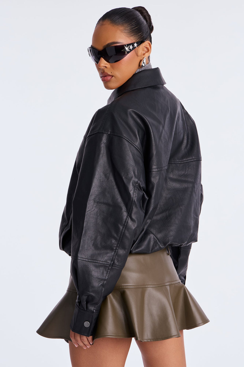 Downtowner Faux Leather Bomber Jacket - Black