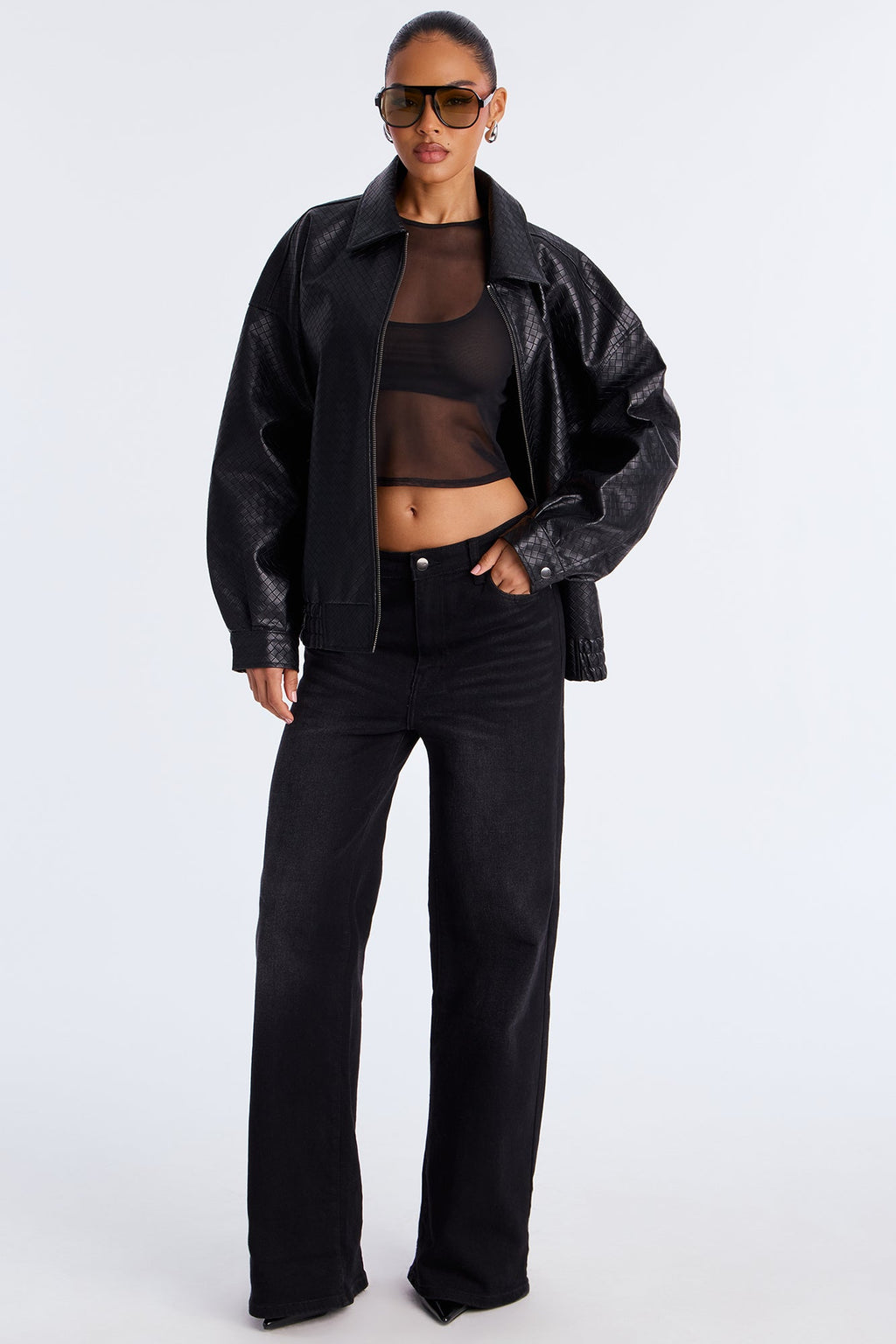 Lea Woven Faux Leather Bomber Jacket - Black