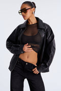 Lea Woven Faux Leather Bomber Jacket - Black
