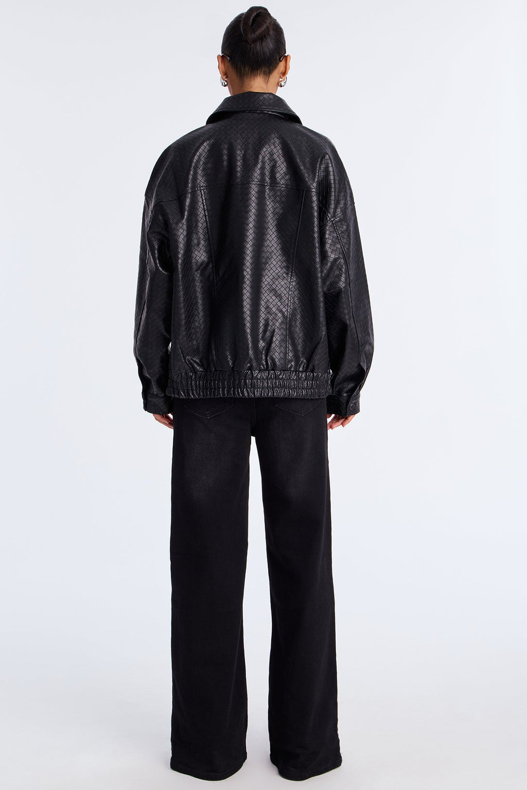 Lea Woven Faux Leather Bomber Jacket - Black