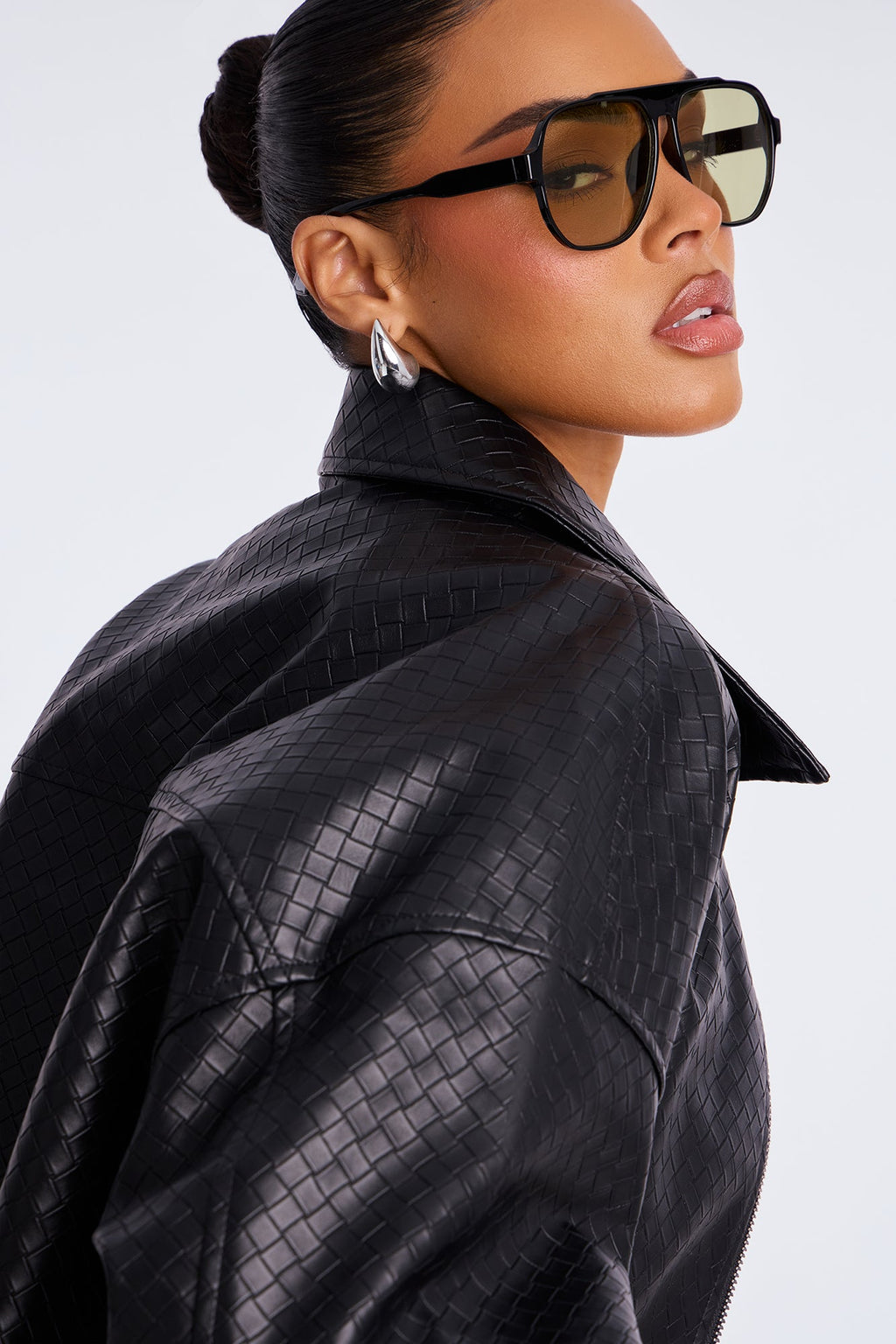 Lea Woven Faux Leather Bomber Jacket - Black