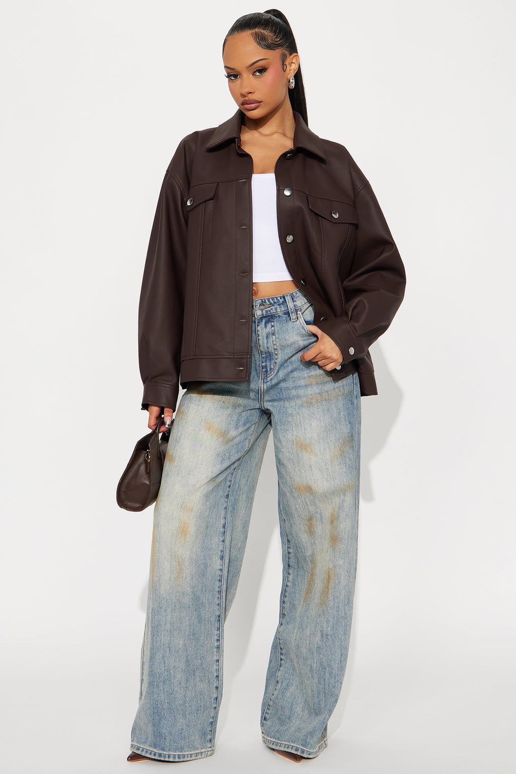 Mila Oversized Faux Leather Jacket - Dark Brown