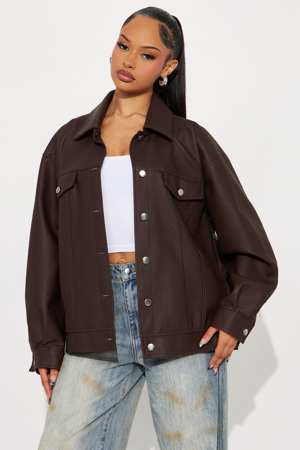 Mila Oversized Faux Leather Jacket - Dark Brown