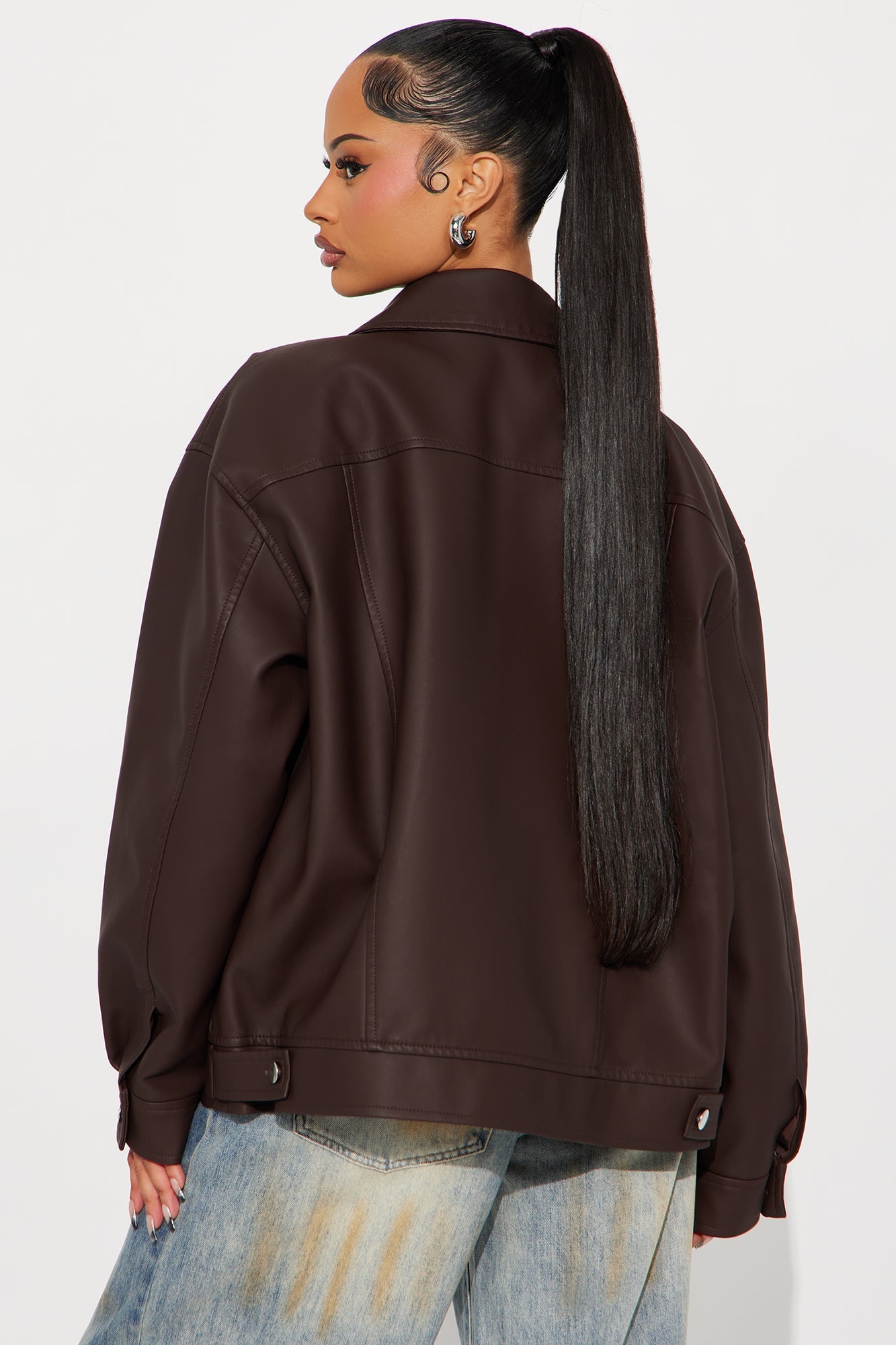 Mila Oversized Faux Leather Jacket - Dark Brown