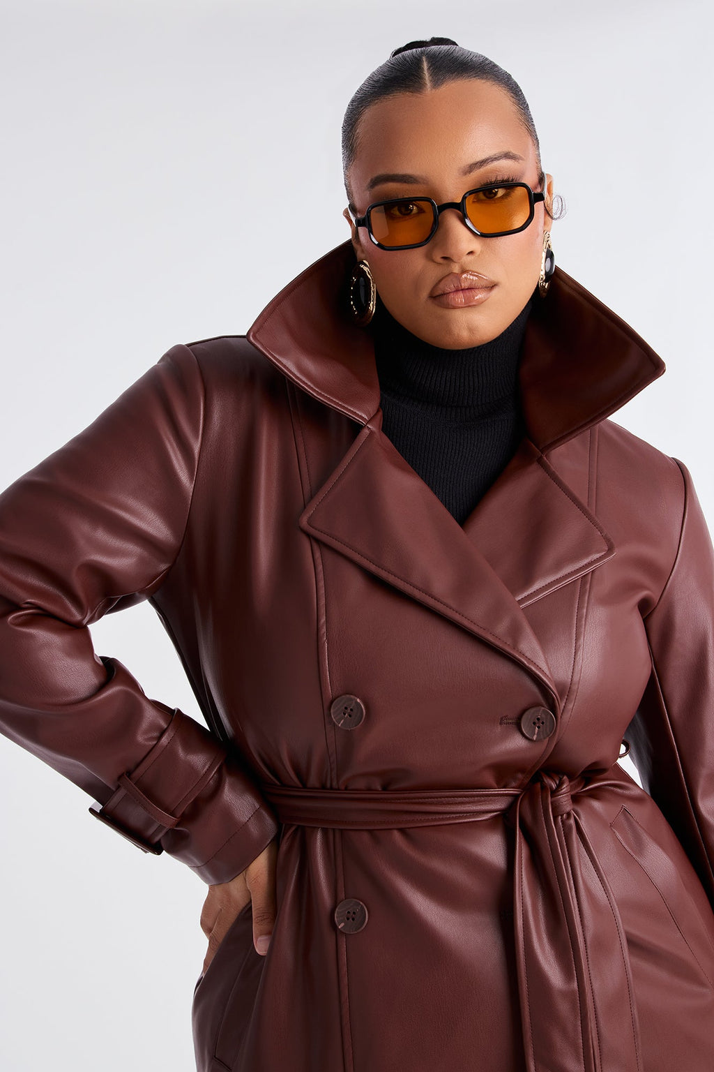 Power Moves Faux Leather Trench - Chocolate
