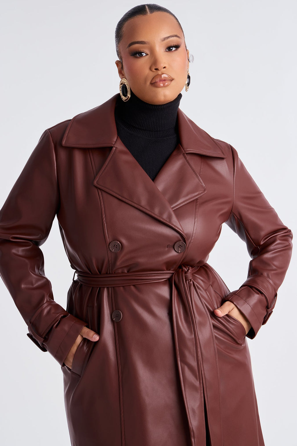 Power Moves Faux Leather Trench - Chocolate