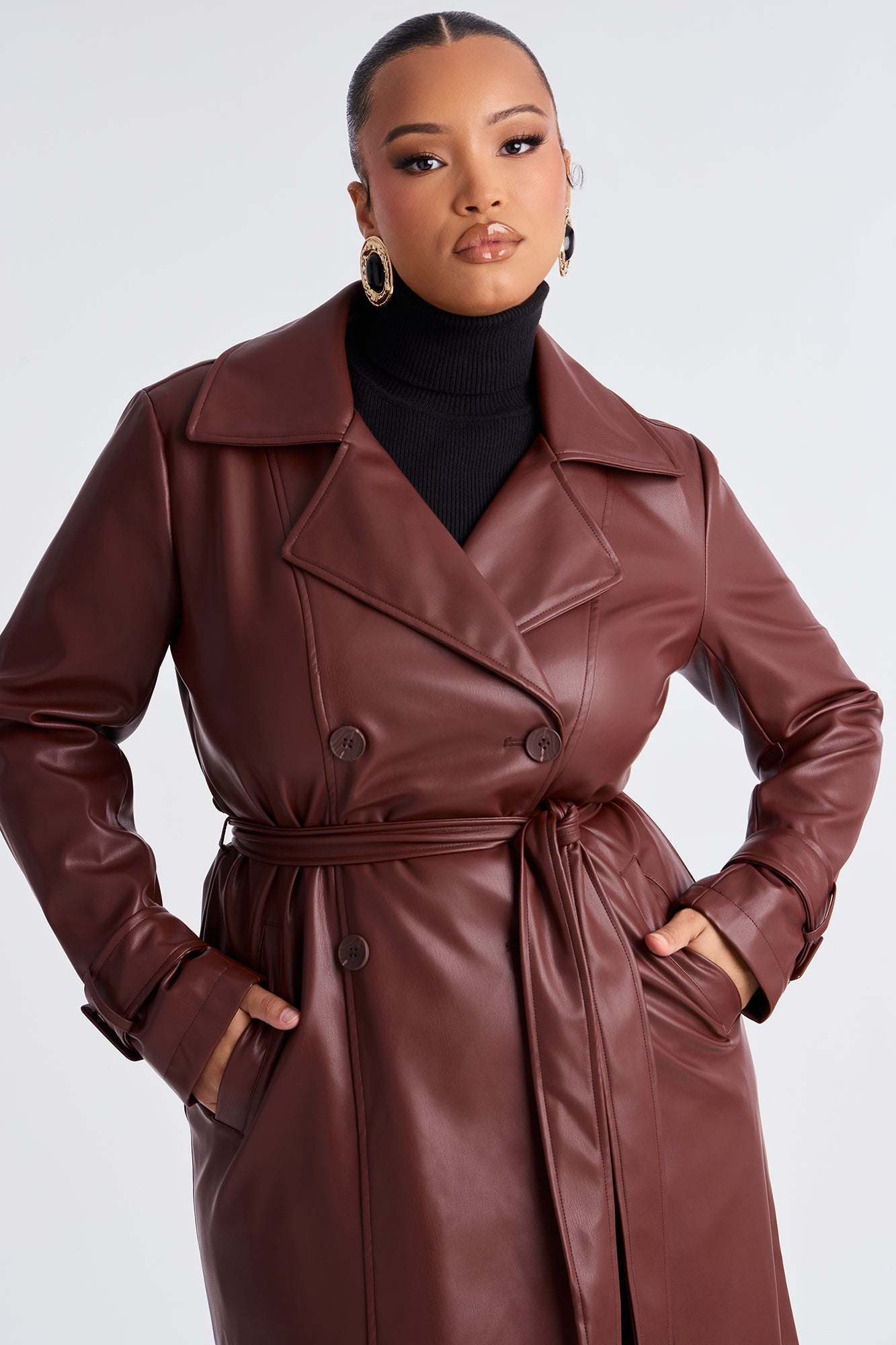 Power Moves Faux Leather Trench - Chocolate