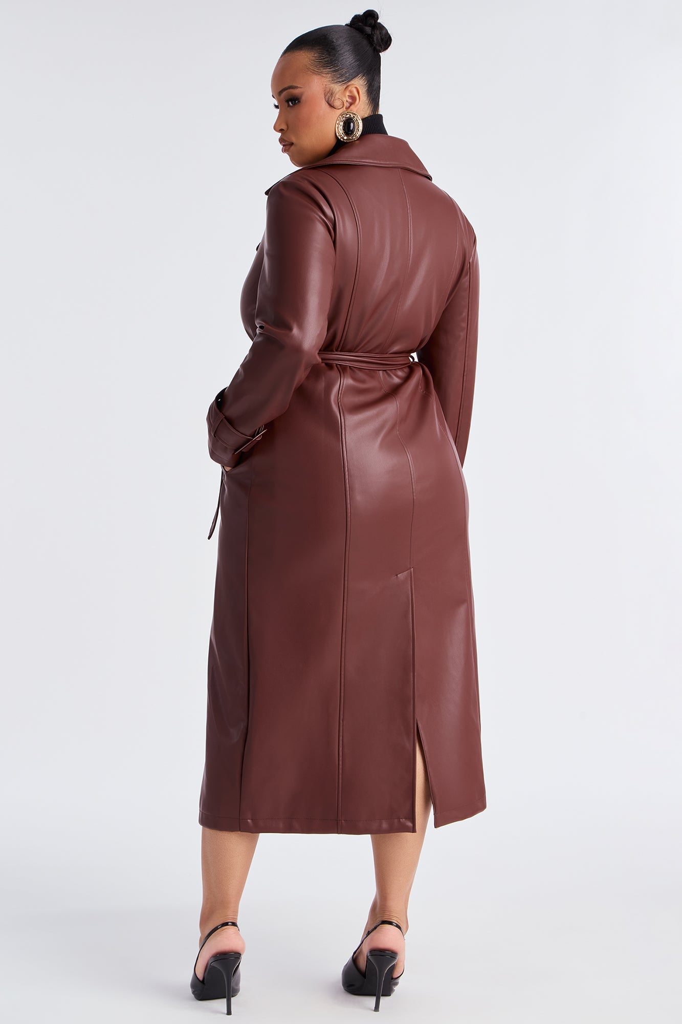 Power Moves Faux Leather Trench - Chocolate