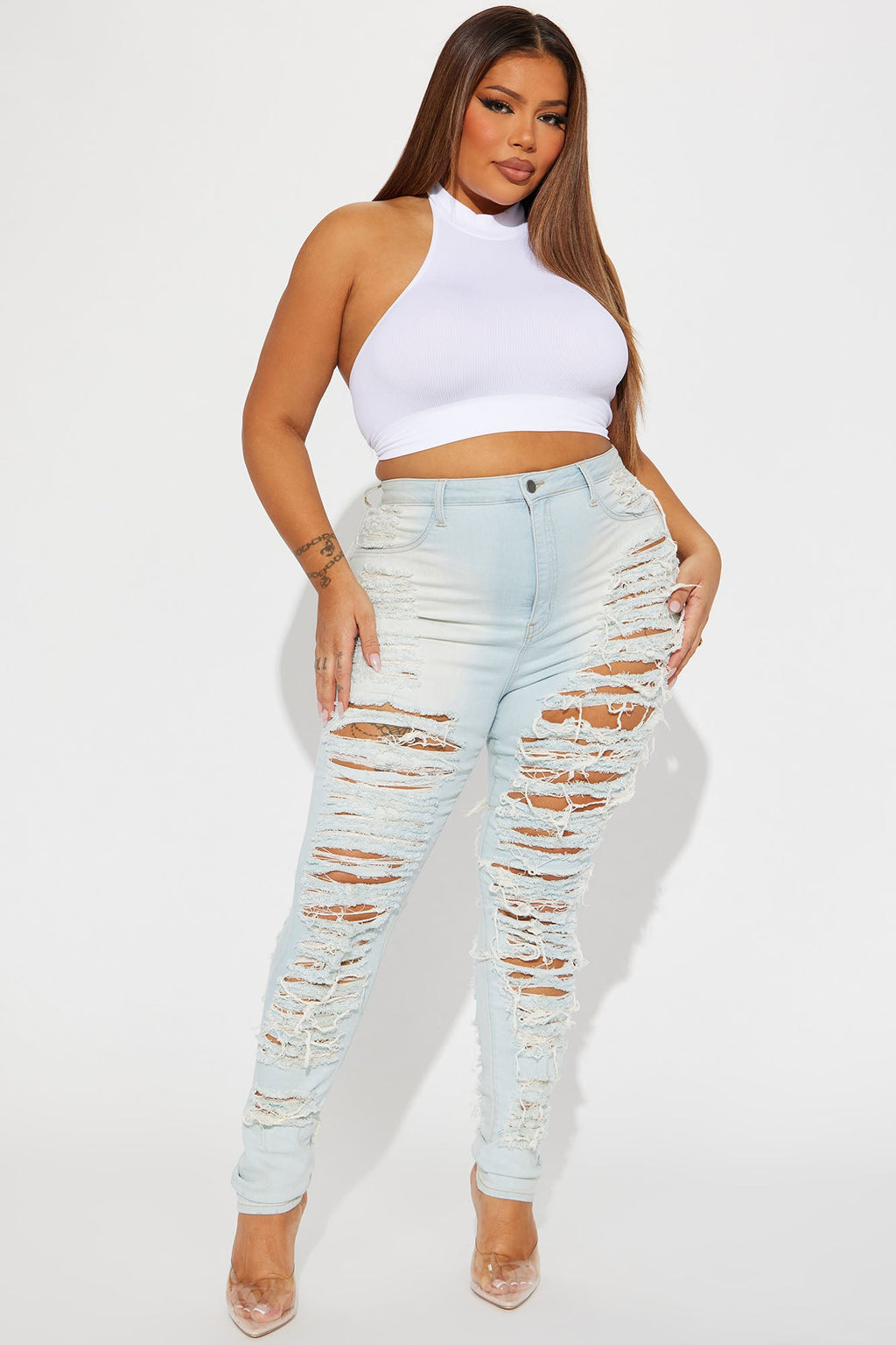 Caught In Your Love Distressed Jeans - Light Blue Wash