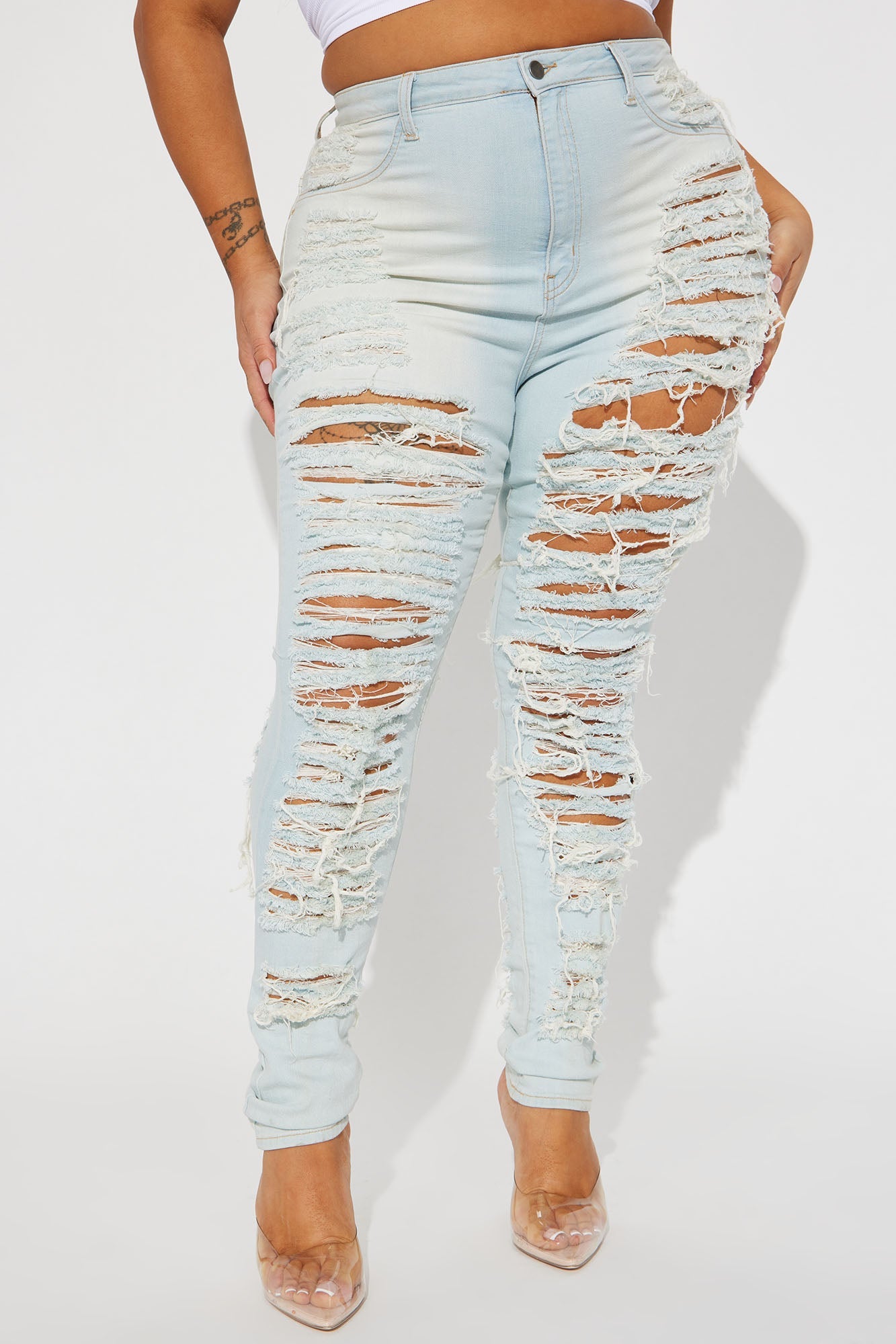 Caught In Your Love Distressed Jeans - Light Blue Wash
